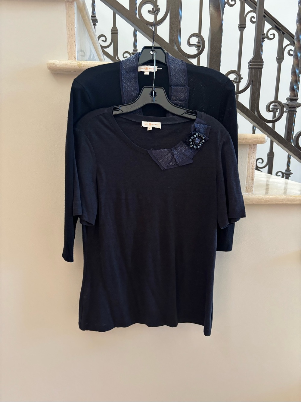 Tory Burch Navy Short Sleeve Tee with Embellished Neck